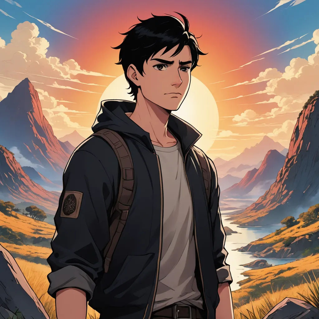 a man standing in front of a mountain with a sunset behind him and a river running through it,, sots art, a character portrait, Cedric Seaut (Keos Masons), official art