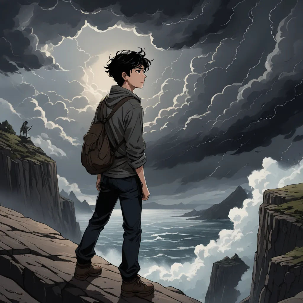 a man standing on a cliff looking at the ocean under a cloudy sky with a full moon in the background, sots art, poster art, Cedric Seaut (Keos Masons), official art