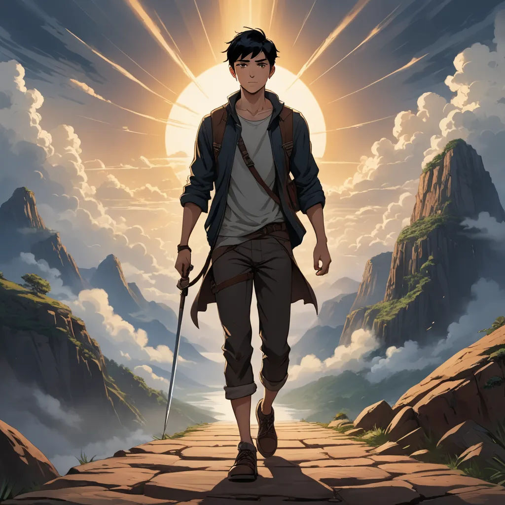 a man with a backpack and a stick walks down a path towards a mountain range with a sun in the background, fantasy art, poster art, Cedric Seaut (Keos Masons), rossdraws global illumination