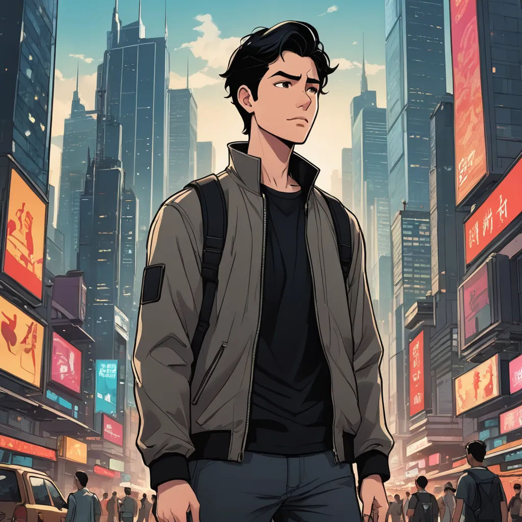 a man standing in a city with a backpack on his back and a cityscape in the background, serial art, a character portrait, David Park, rossdraws global illumination