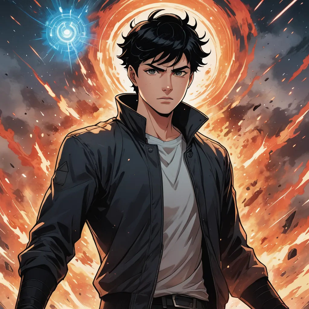 a man in a black jacket standing in front of a fire and sky background with a glowing ball of fire, rayonism, a character portrait, Artgerm, comic cover art