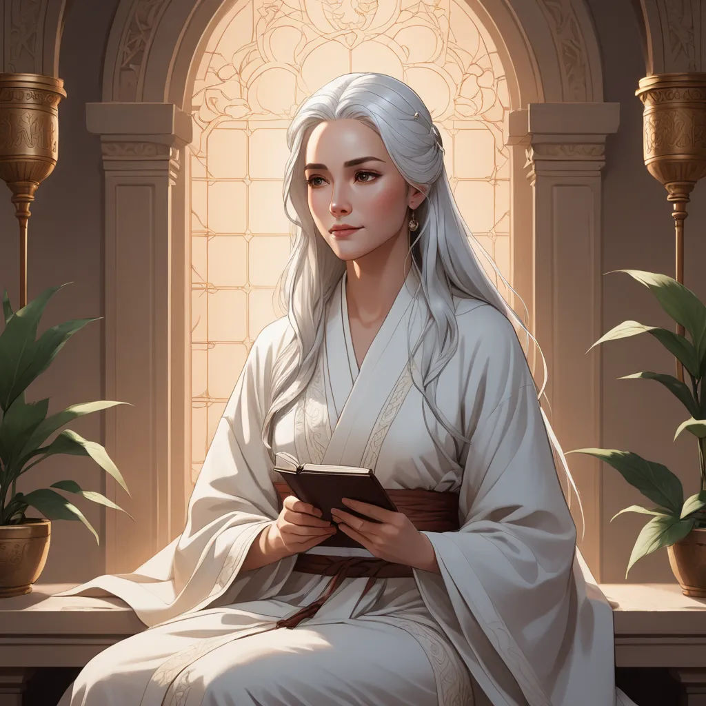 a woman with white hair sitting on a bench in a room with a potted plant and a potted plant, fantasy art, a character portrait, Charlie Bowater, stanley artgerm lau