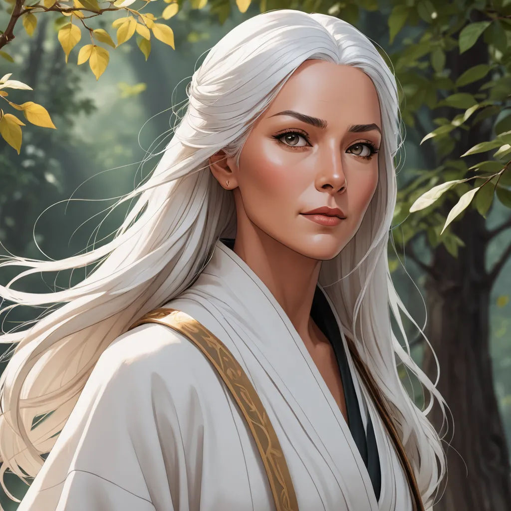 a woman with white hair and a white outfit in a forest with trees and leaves on the ground, with a tree in the background, fantasy art, a character portrait, Charlie Bowater, stanley artgerm lau