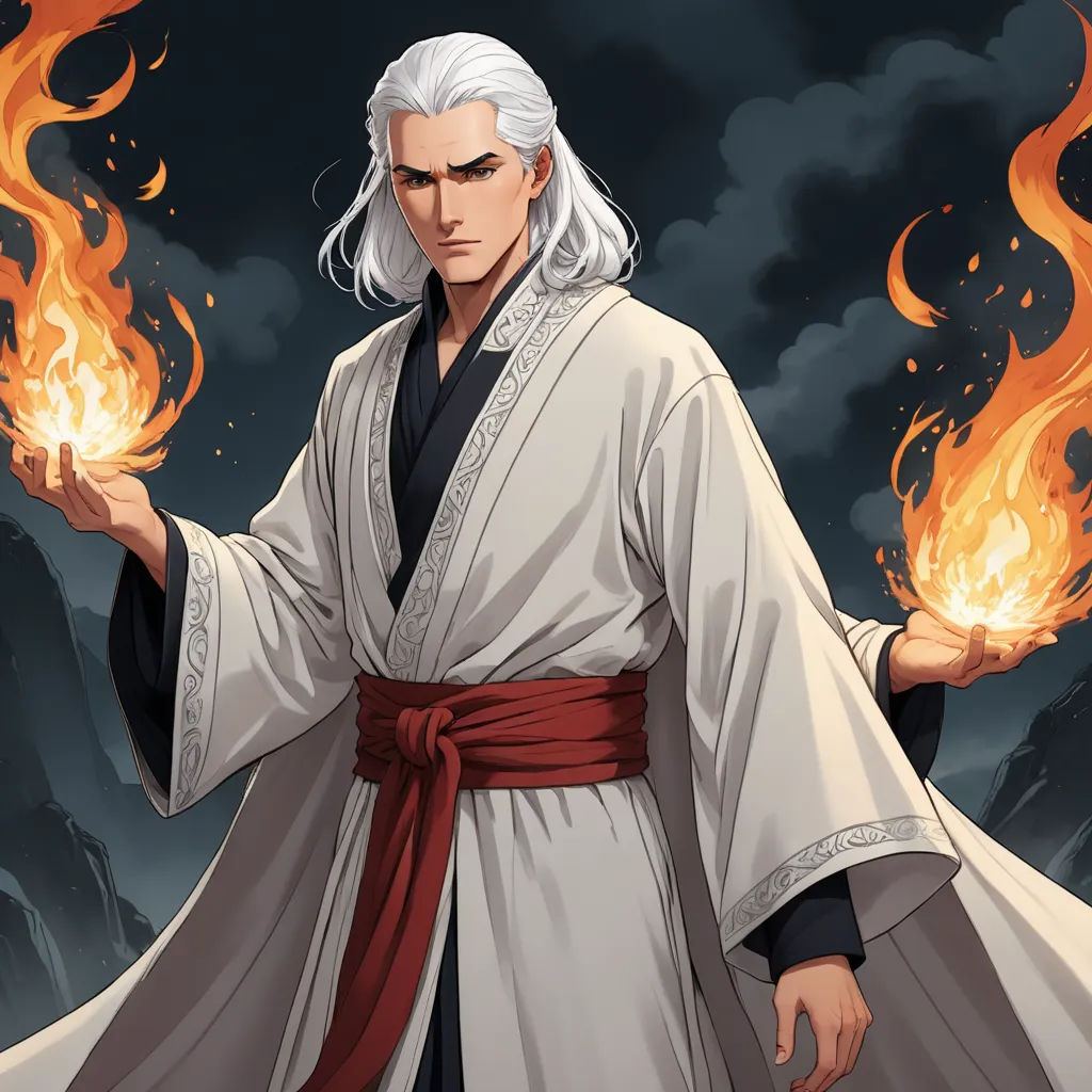 a man in a robe holding a flame in his hand and a sword in his other hand, with a dark background, fantasy art, a character portrait, Dai Jin, official art