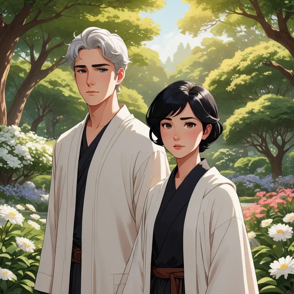a man and a woman standing in a forest with flowers and trees behind them, with a man in a kimono and a woman in a kimono, sots art, a character portrait, Adam Manyoki, official art