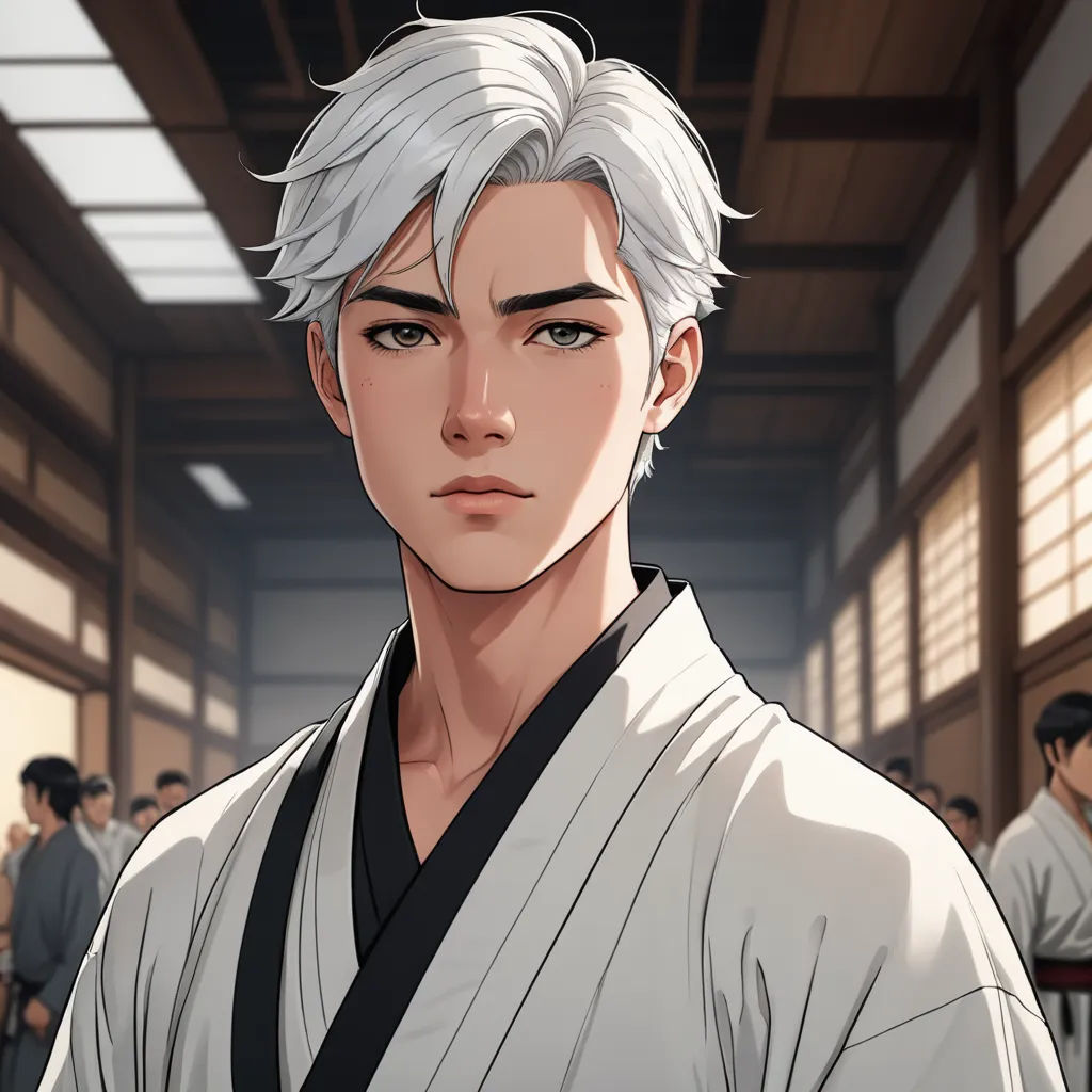 a man with white hair and a black belt in a room with people in it and a white hair, sots art, a character portrait, Du Jin, official art