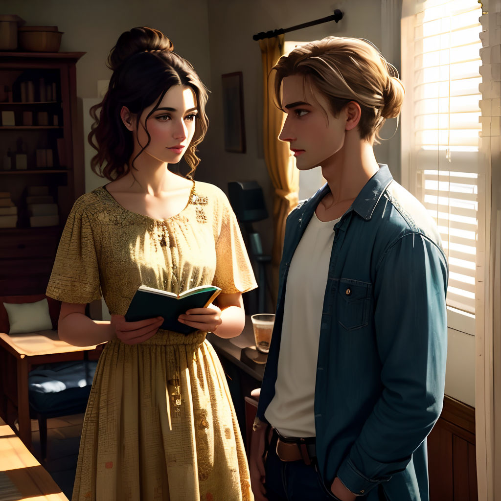 a man and a woman standing in a room with a book in their hands and a window behind them