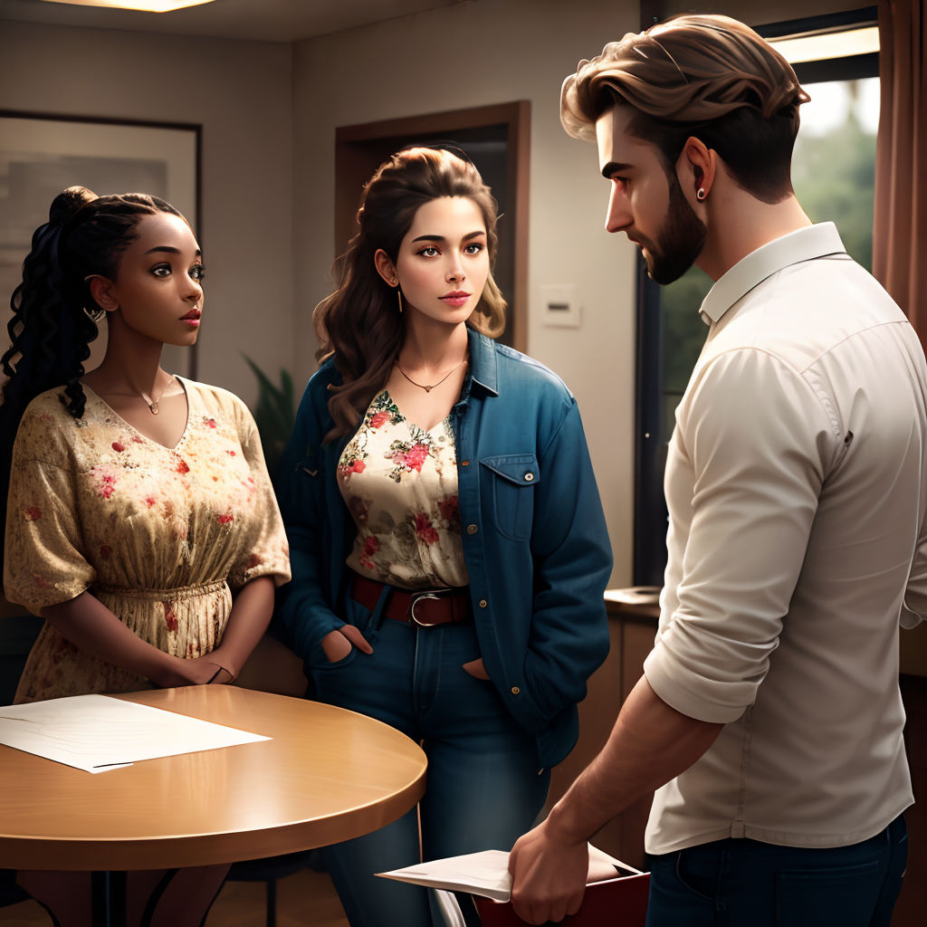 a man and two women standing in a room with a table and a window behind them, looking at each other