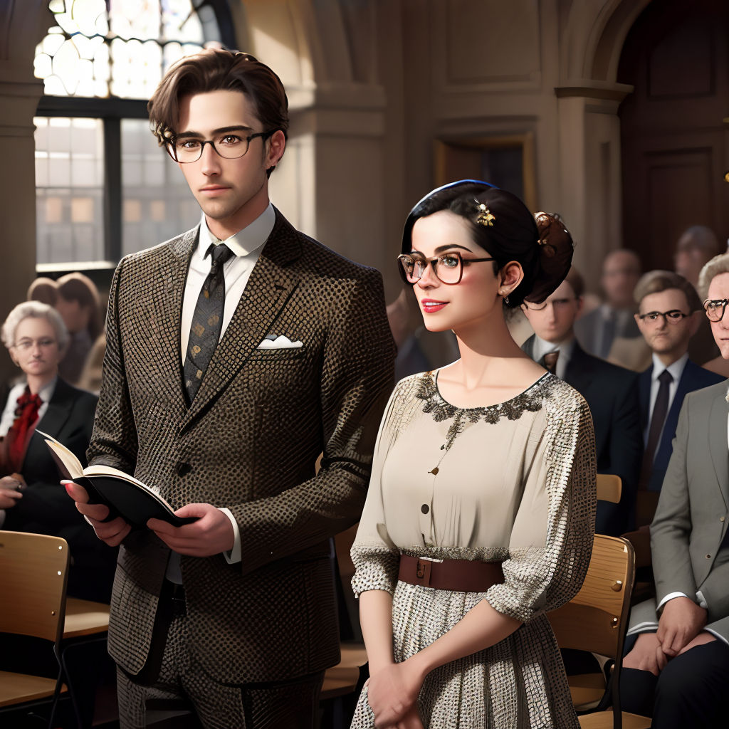 a man and woman standing in front of a crowd of people in suits and ties, reading a book