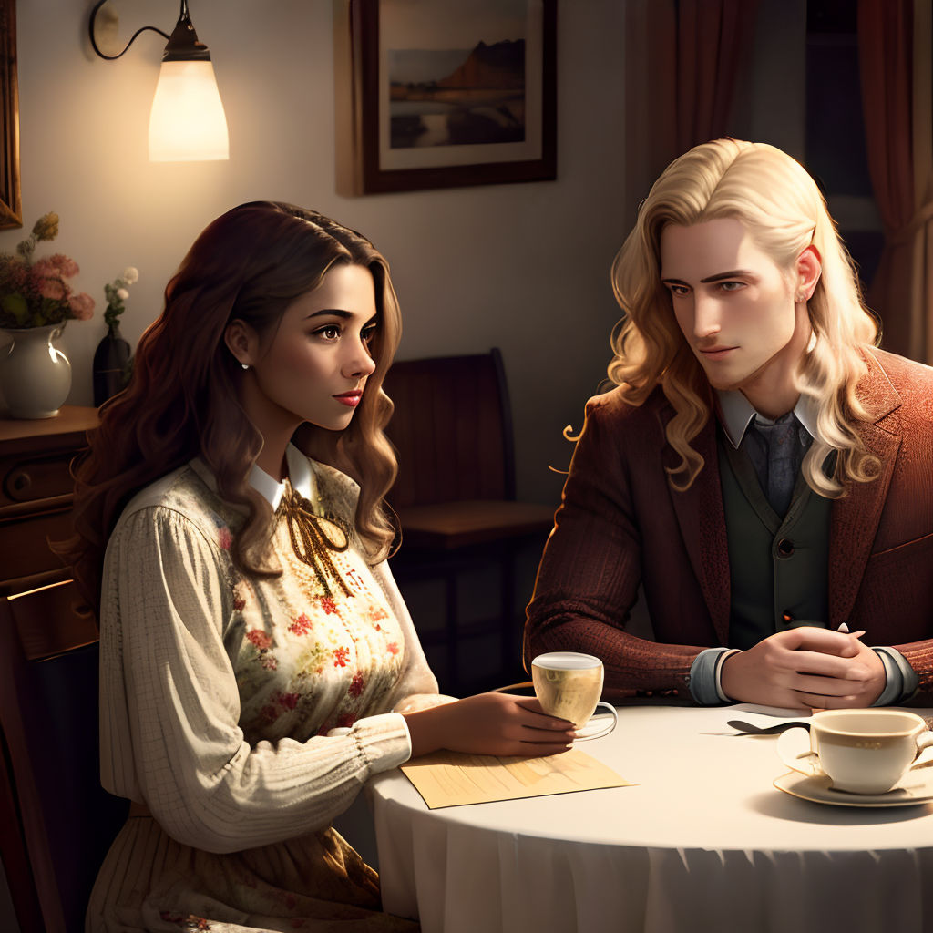 a man and a woman sitting at a table with a cup of coffee in front of them, looking at each other