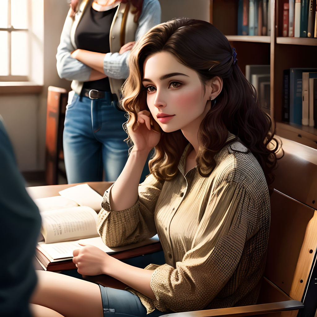 a woman sitting in a chair with a book in her lap and a woman standing behind her reading a book