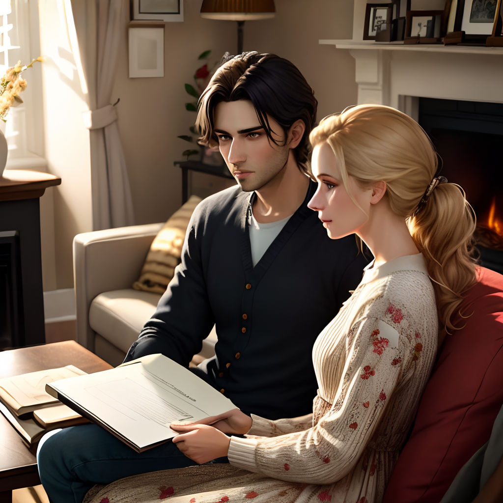 a man and a woman sitting on a couch looking at a book together in front of a fireplace with a man holding a book