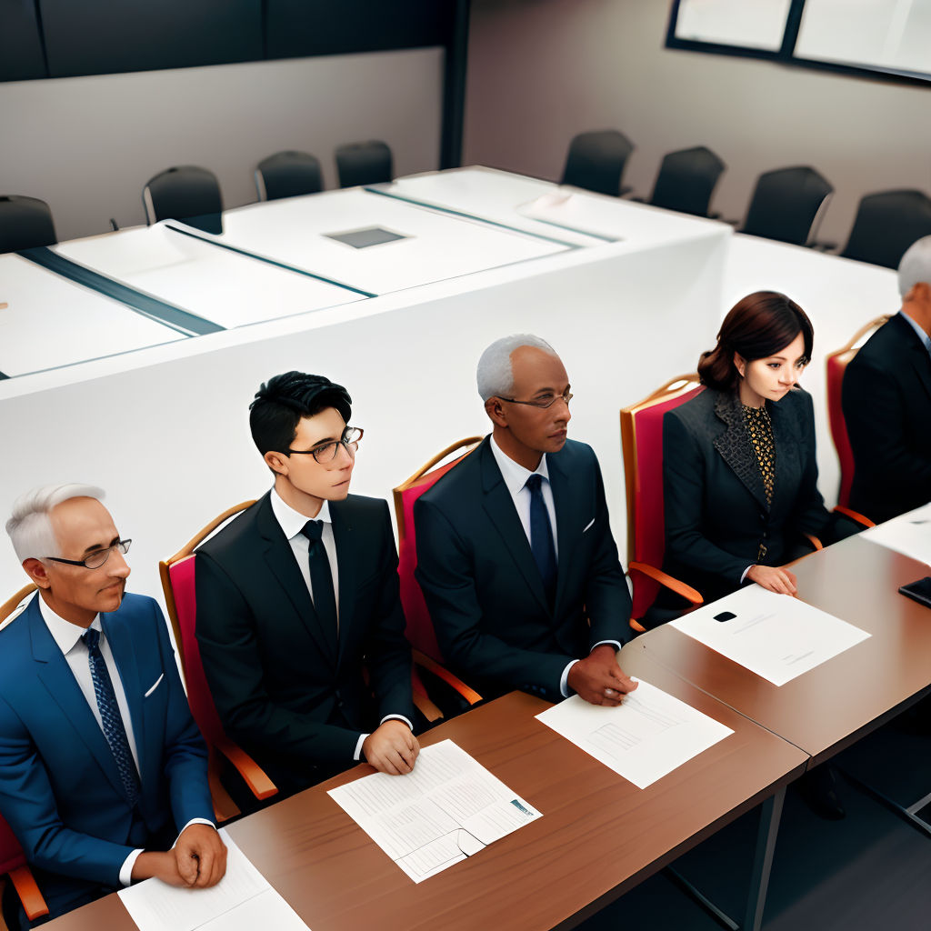 a group of people sitting at a table with papers in front of them and a man in a suit