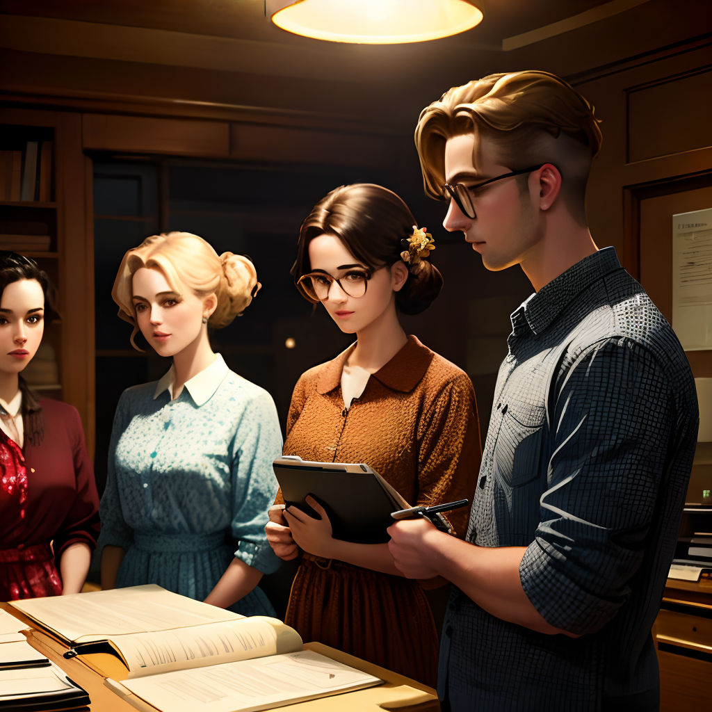 a group of people standing around a table with a book on it and a binder in front of them