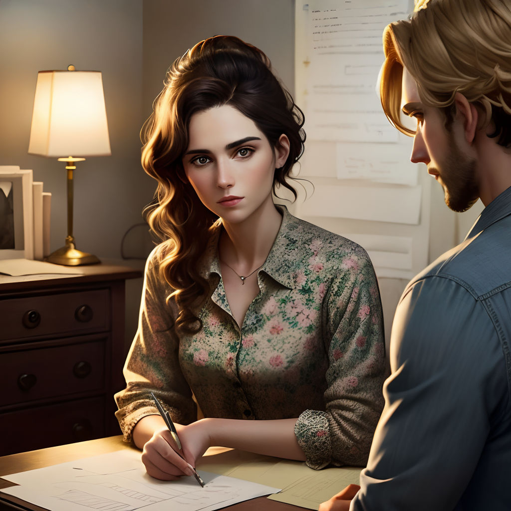 a man and a woman sitting at a desk in a room with a lamp on it and a paper in front of them