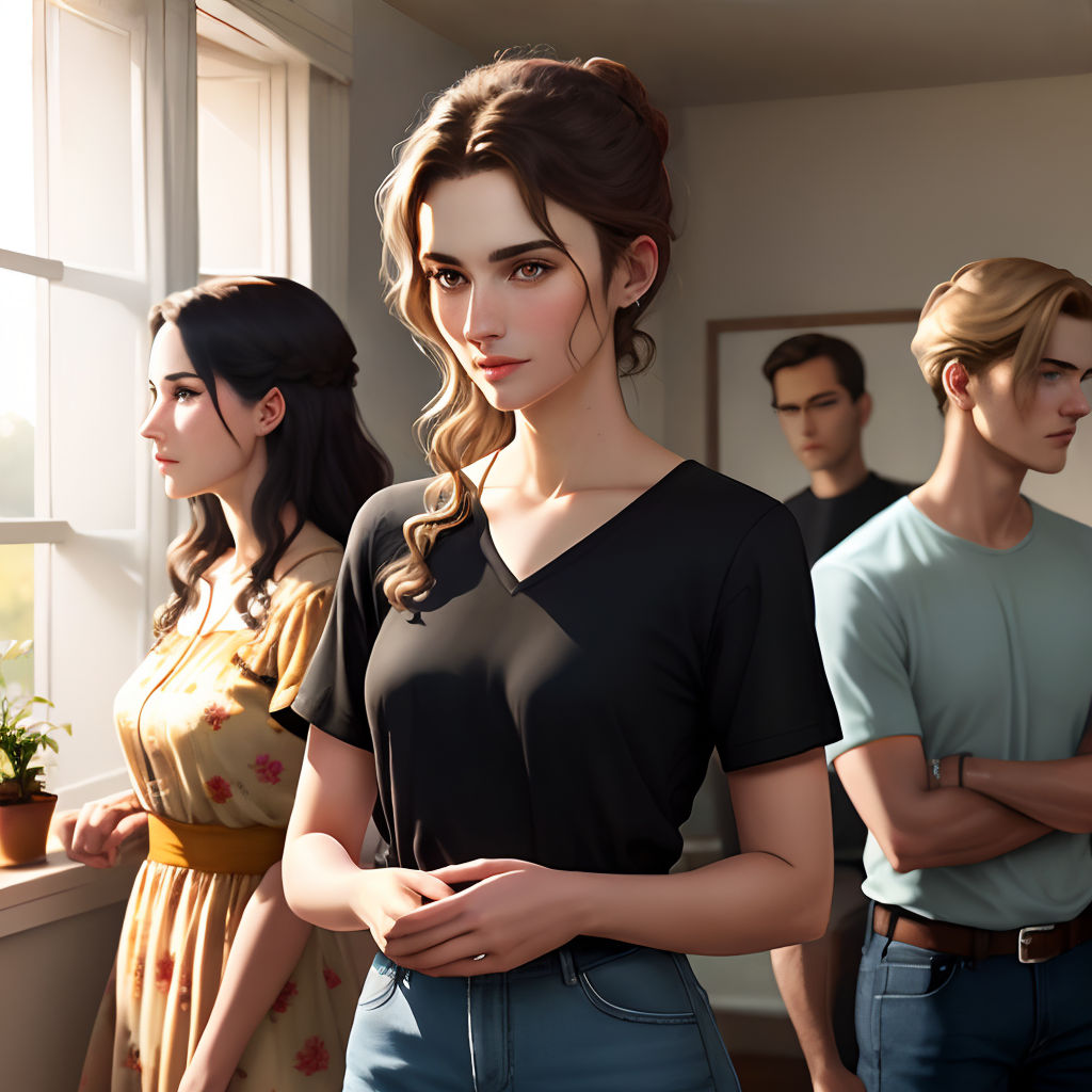 a group of people standing next to each other in a room with a window and a potted plant