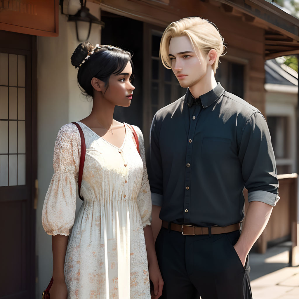 a man and a woman standing next to each other in front of a building with a door and a window