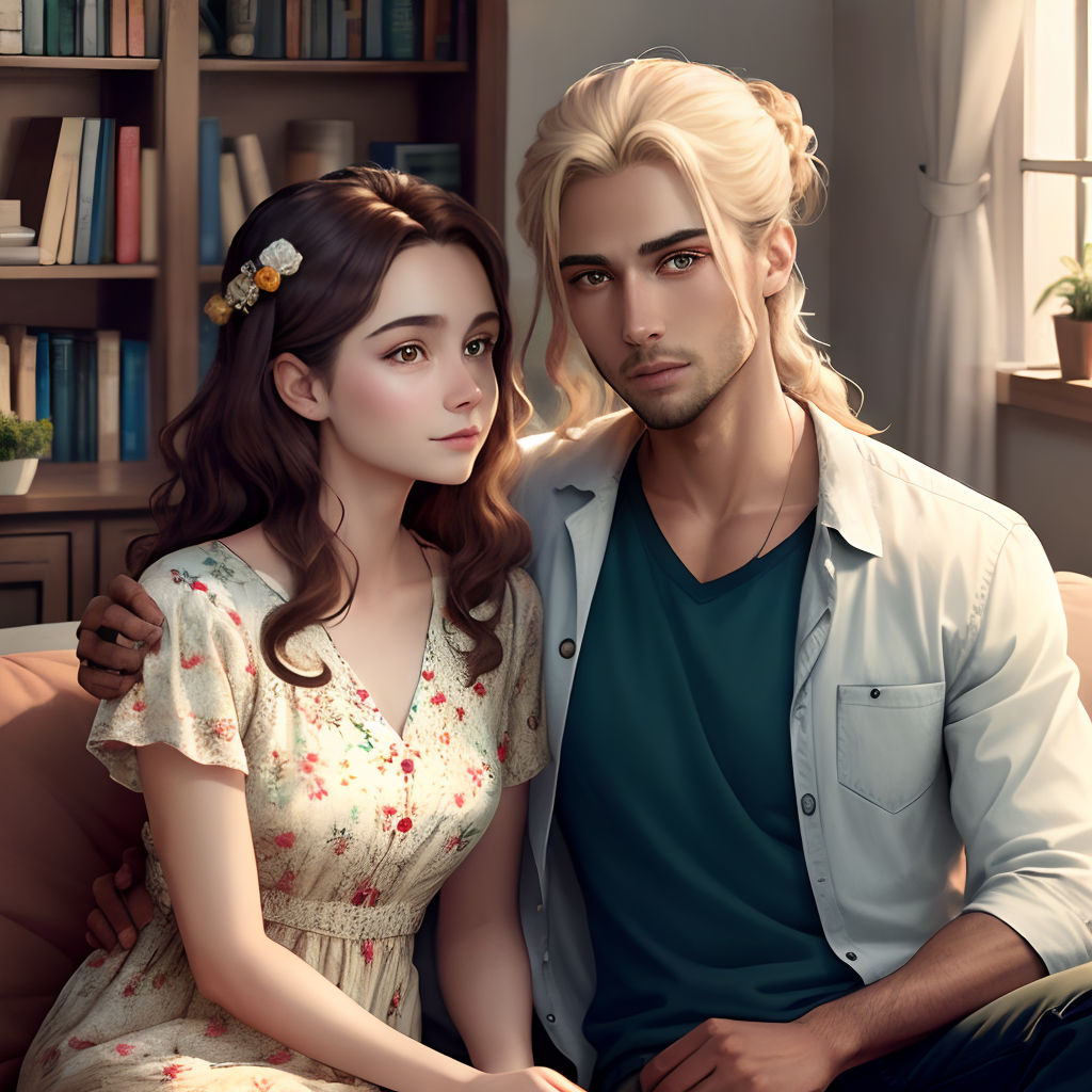 a man and a woman sitting on a couch next to each other in a room with bookshelves