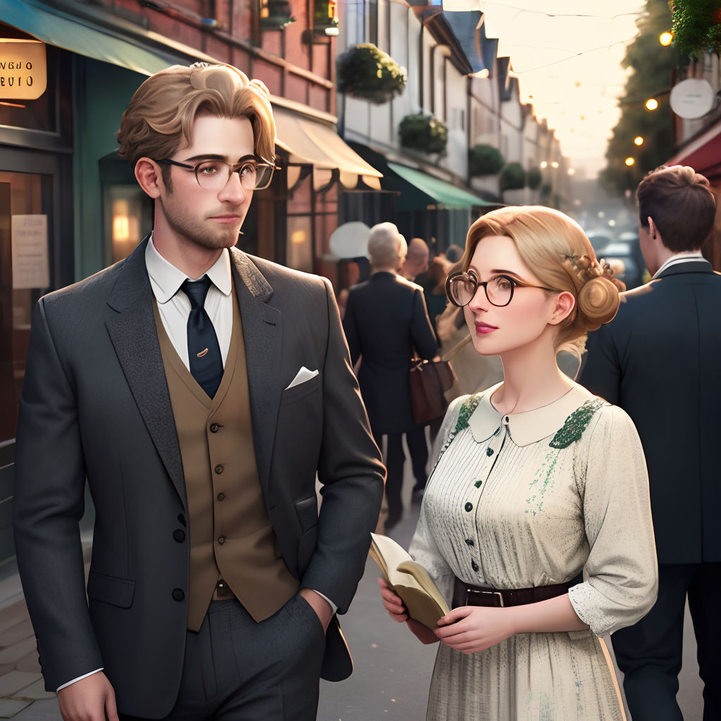 a man and woman standing on a street next to each other in front of a building with a sign that says, the man is a woman
