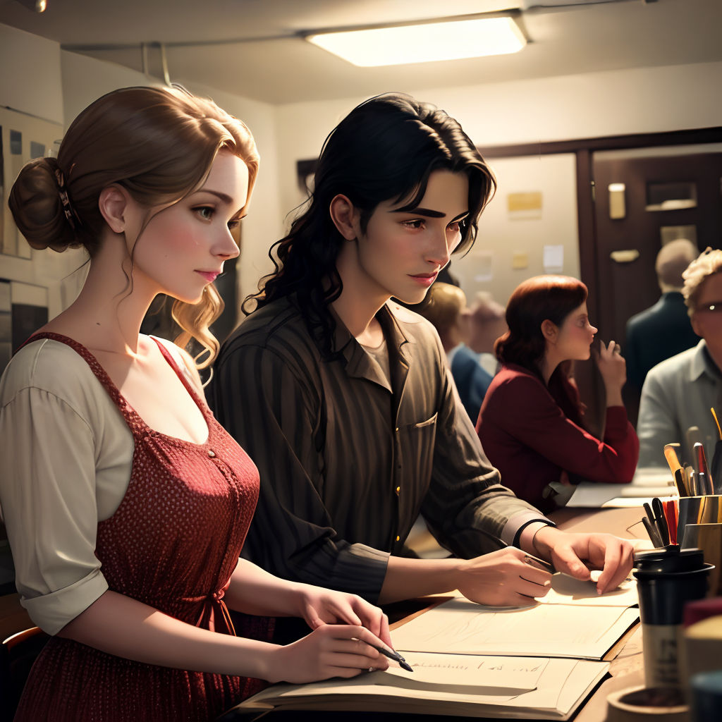 a woman and a man are sitting at a desk with pens and paper in front of them and people in the background