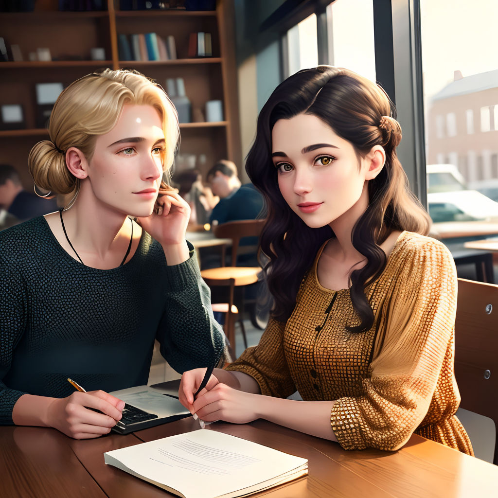 a woman sitting next to a woman at a table with a book and pen in her hand and a book on her lap