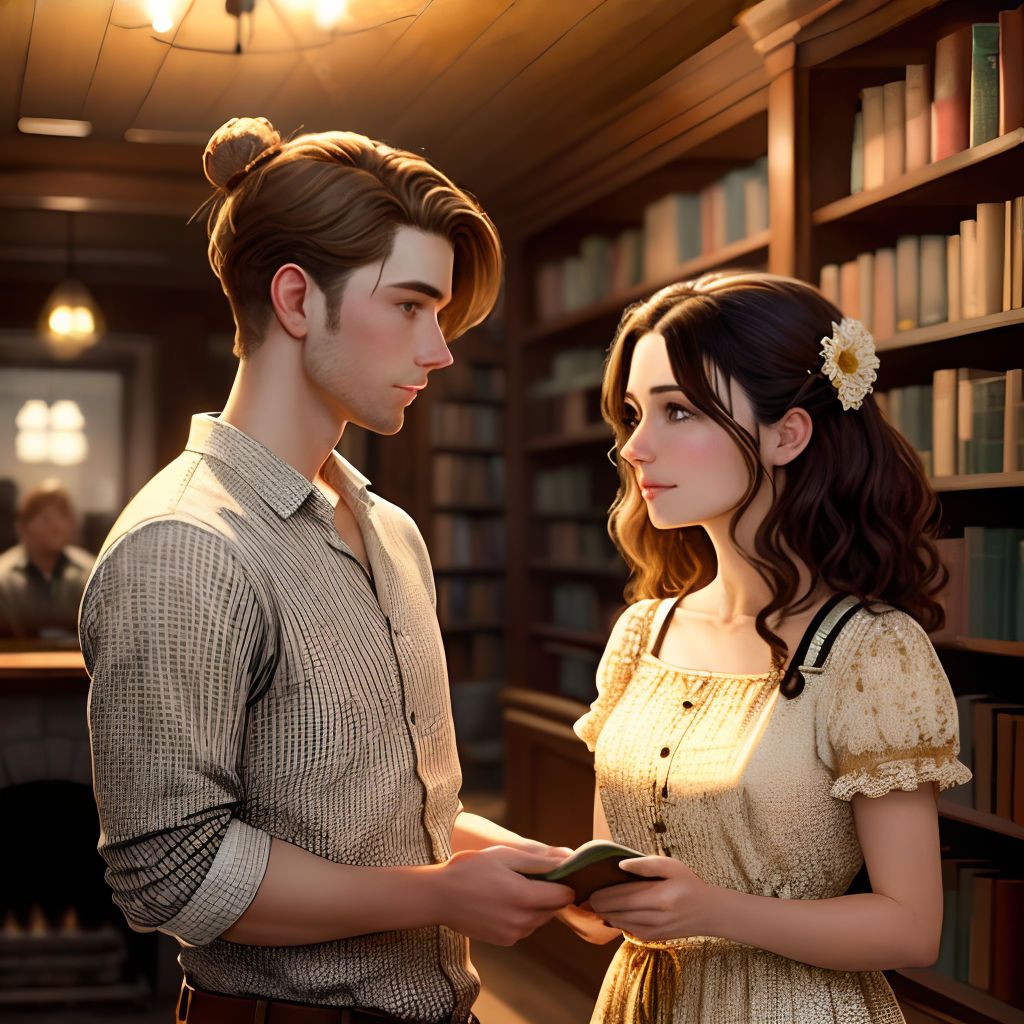 a man and a woman standing in a library looking at a book together, with a man holding a book