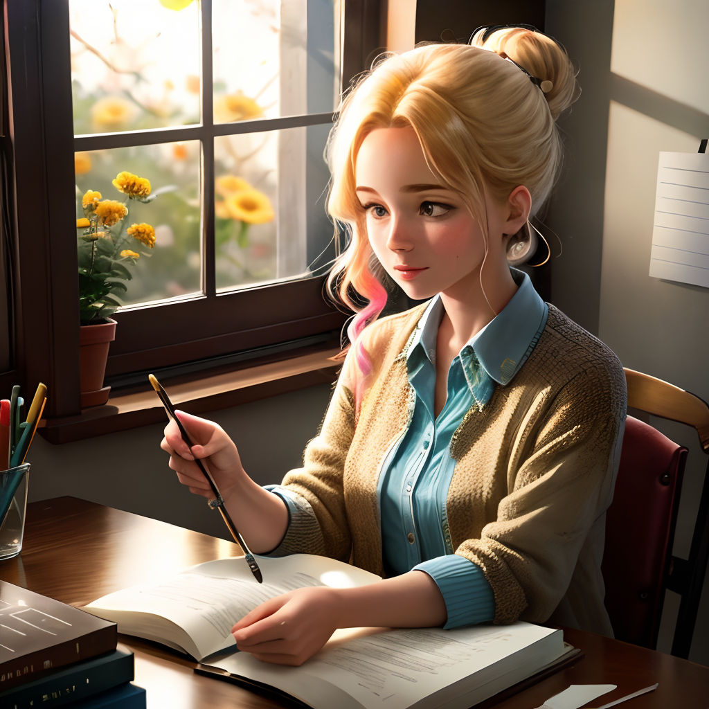 a woman sitting at a desk with a book and pen in her hand and a window behind her, with sunflowers outside