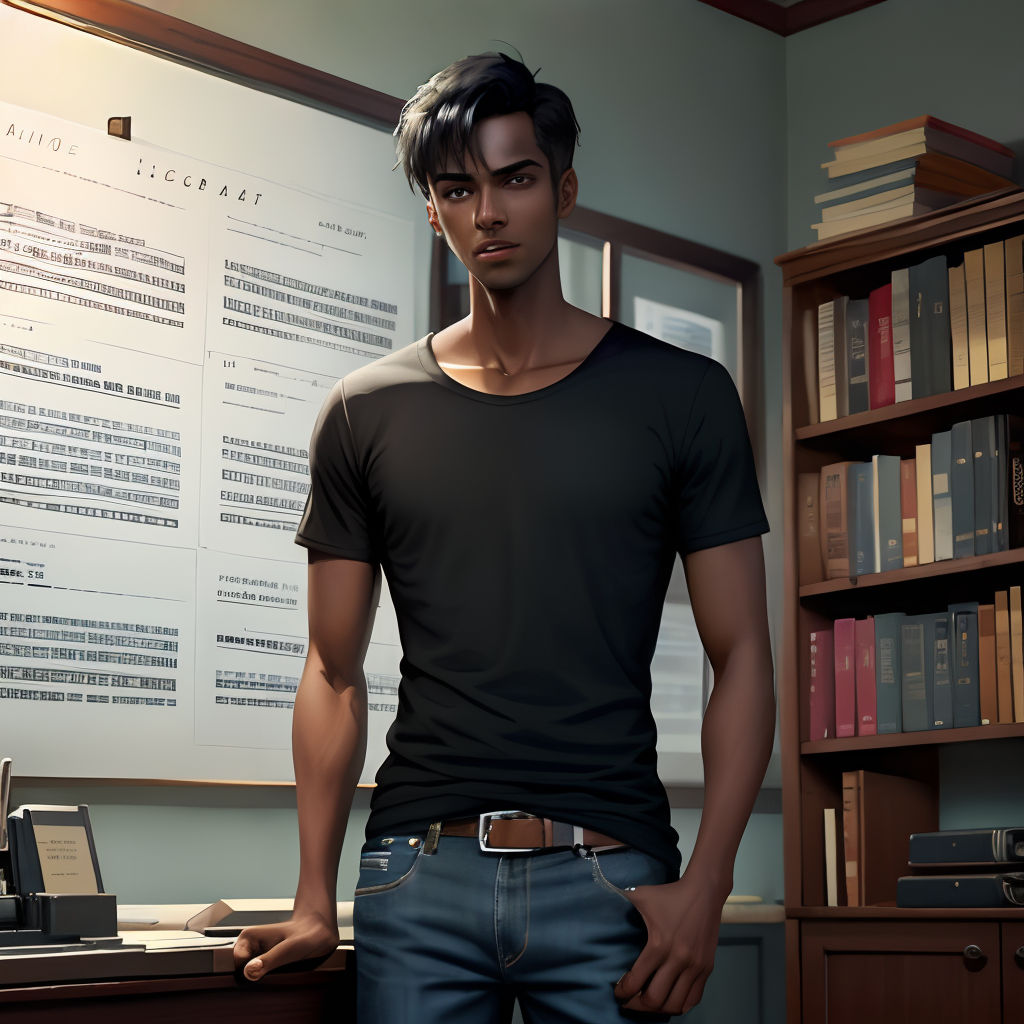a man standing in front of a desk with a computer monitor and bookshelf in the background and a poster on the wall
