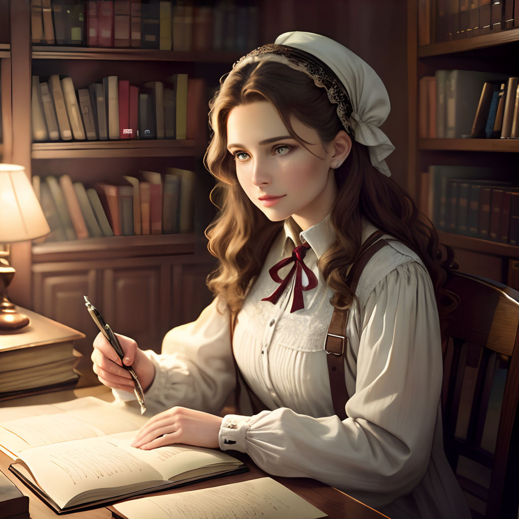 a woman sitting at a desk with a pen and paper in her hand and a book in front of her