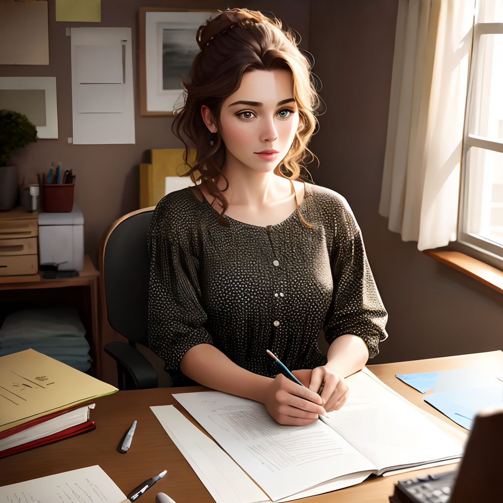 a woman sitting at a desk with a pen and paper in front of her and a laptop on the desk
