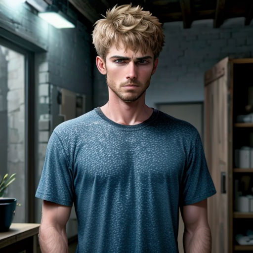 a man standing in a room with a plant in the corner of the room and a light on the wall