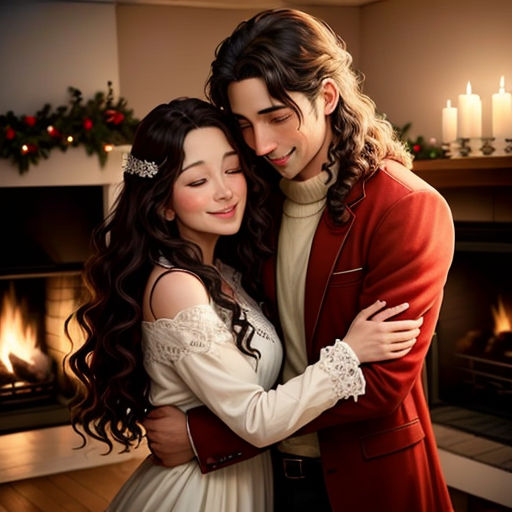 a man and woman hugging in front of a fireplace with candles on it and a christmas tree in the background