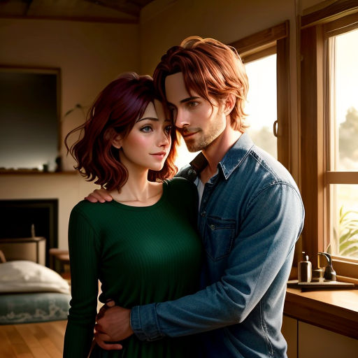 a man and a woman standing next to each other in a room with a window and a bed in the background