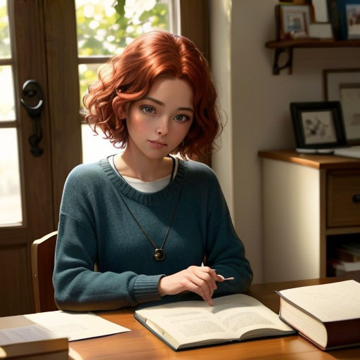 a woman sitting at a table with a book and pen in her hand and a window behind her,