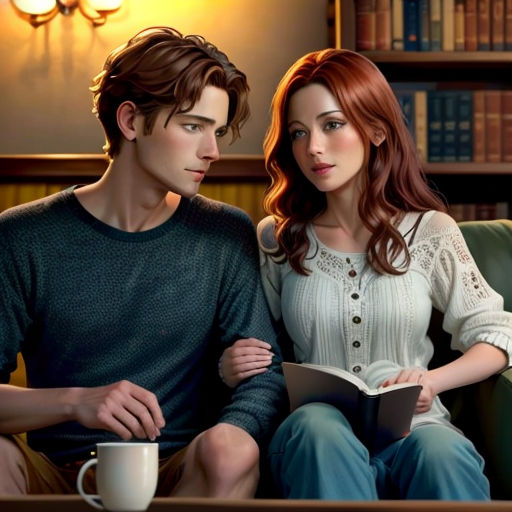 a man and a woman sitting on a couch reading a book together, with a cup of coffee in front of them