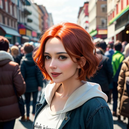 a woman with red hair and a hoodie on a street corner with people walking around her and a crowd of people walking around