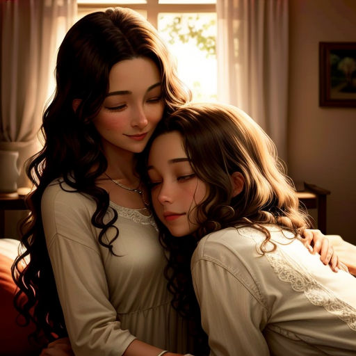 two women hugging each other in a room with a window in the background and a painting of a woman in the background