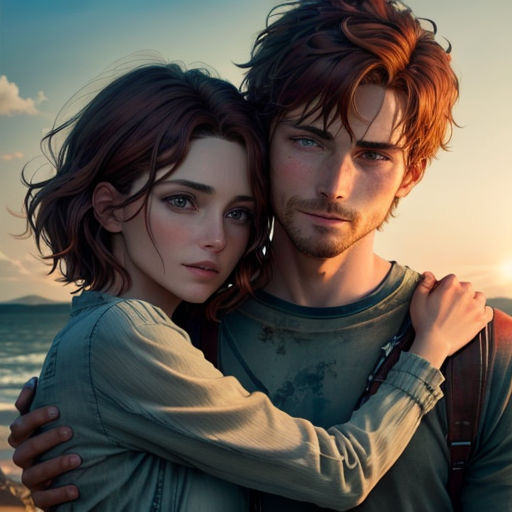 a man and a woman hugging on the beach at sunset with the sun setting behind them and the ocean in the background
