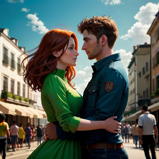 a man and a woman are standing together in a street with buildings in the background and a blue sky