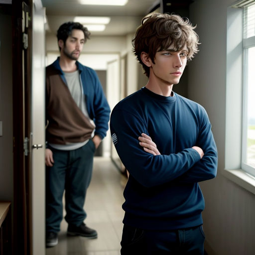 two men standing in a hallway with their arms crossed and looking at the camera, one of them is looking at the camera