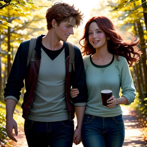 a man and a woman walking down a path holding coffee cups in their hands and smiling at each other