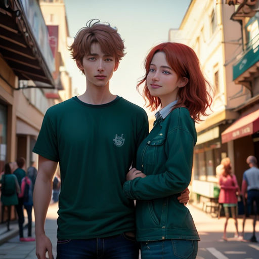 a man and a woman standing next to each other on a street corner with people walking by on the sidewalk