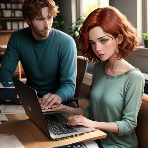 a man and a woman sitting at a table with laptops in front of them, both looking at the screen