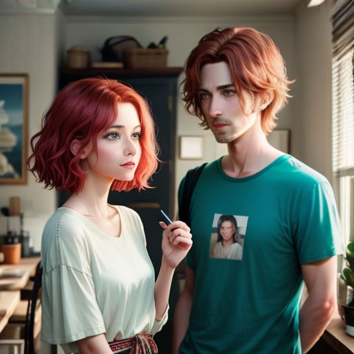 a man and a woman standing next to each other in a kitchen with a plant in the background and a picture of a man on the wall