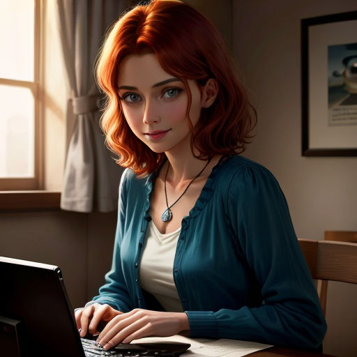 a woman sitting at a desk with a laptop computer in front of her, looking at the camera and smiling