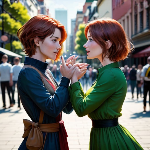 two women standing next to each other on a street corner with a crowd of people in the background and one woman touching her hand