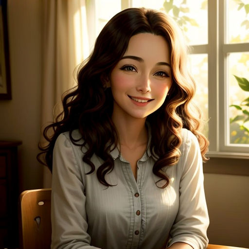 a woman sitting at a table with a plate of food in front of her and a window behind her