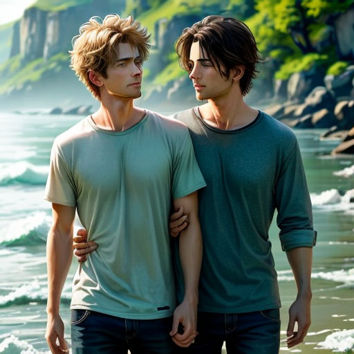 two young men standing next to each other on a beach near the ocean with waves crashing on the shore