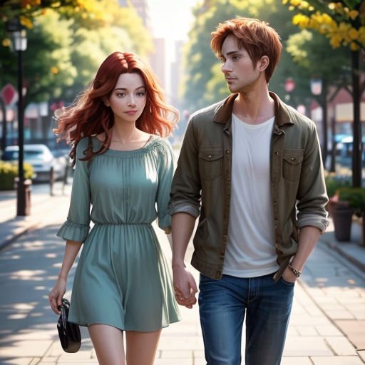 a man and a woman walking down a sidewalk holding hands and looking at each other with a city street in the background
