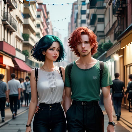 a man and a woman walking down a street together, with a green hair and white shirt on, and a city street with people in the background